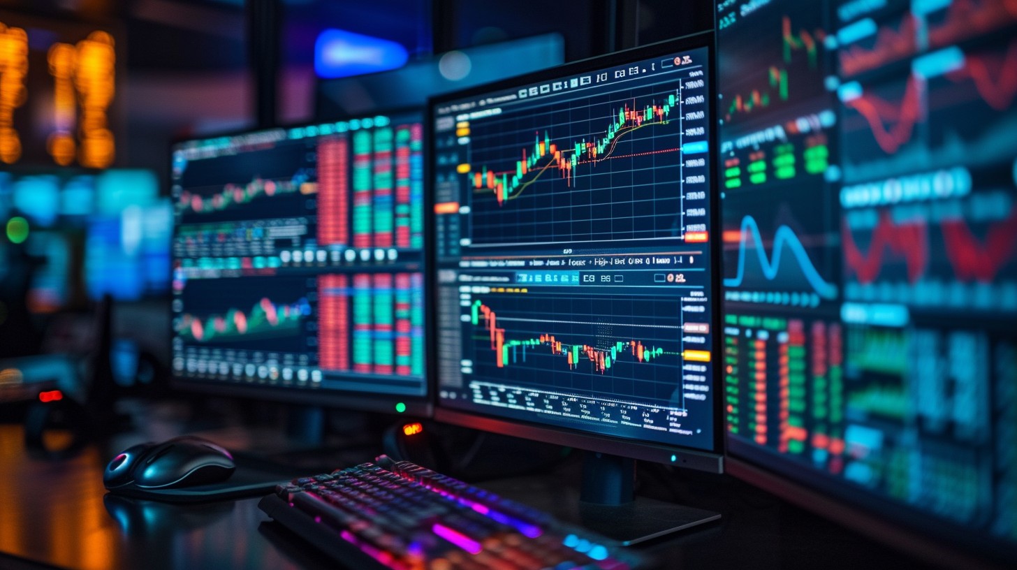 Personne qui trade sur ordinateur avec plusieurs écrans et graphiques